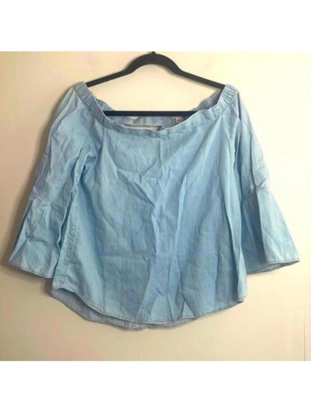 Calvin Klein Jeans Blue Chambray Off the Shoulder Bell Sleeve Blouse